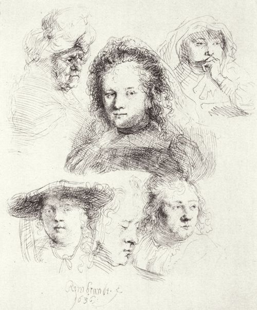 Rembrandt Harmensz. van Rijn: Studienblatt mit sechs Frauenkpfen