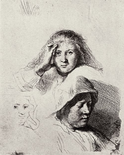 Rembrandt Harmensz. van Rijn: Studienblatt mit drei Frauenkpfen
