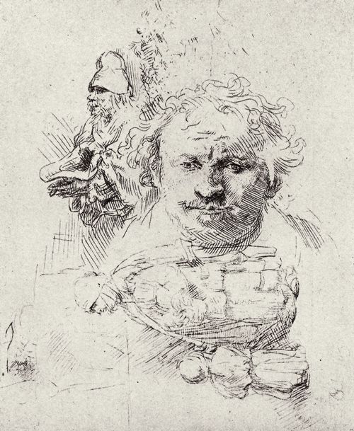 Rembrandt Harmensz. van Rijn: Studienblatt mit Rembrandts Selbstportrt, einer Bettlerin mit Kind und der Figur eines Alten