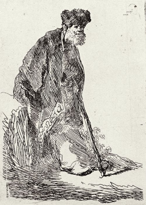 Rembrandt Harmensz. van Rijn: Brtiger Mann, stehend und an einen Erdhgel gelehnt
