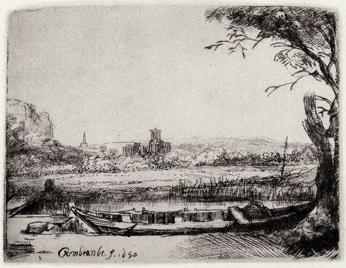 Rembrandt Harmensz. van Rijn: Landschaft mit Kahn