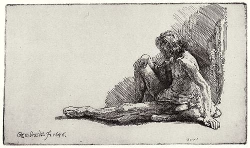 Rembrandt Harmensz. van Rijn: Mnnlicher Akt, am Boden sitzend