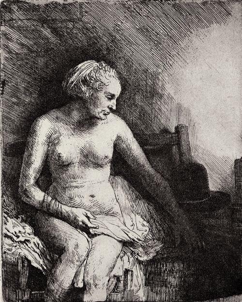 Rembrandt Harmensz. van Rijn: Nackte Frau, auf einer Bank sitzend, mit Hut neben sich