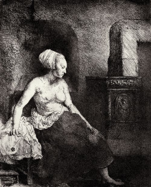 Rembrandt Harmensz. van Rijn: Weibliches Aktmodell beim Ofen