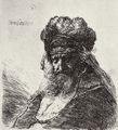Rembrandt Harmensz. van Rijn: Niederblickender Greis in hoher Fellmütze