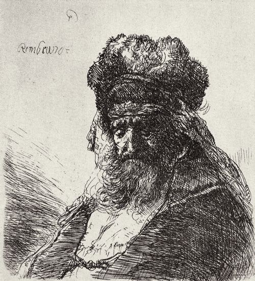 Rembrandt Harmensz. van Rijn: Niederblickender Greis in hoher Fellmtze