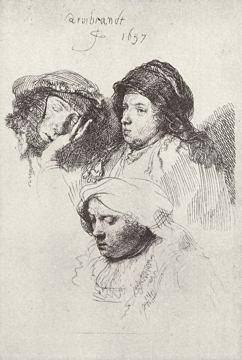 Rembrandt Harmensz. van Rijn: Studienblatt mit drei Frauenkpfen