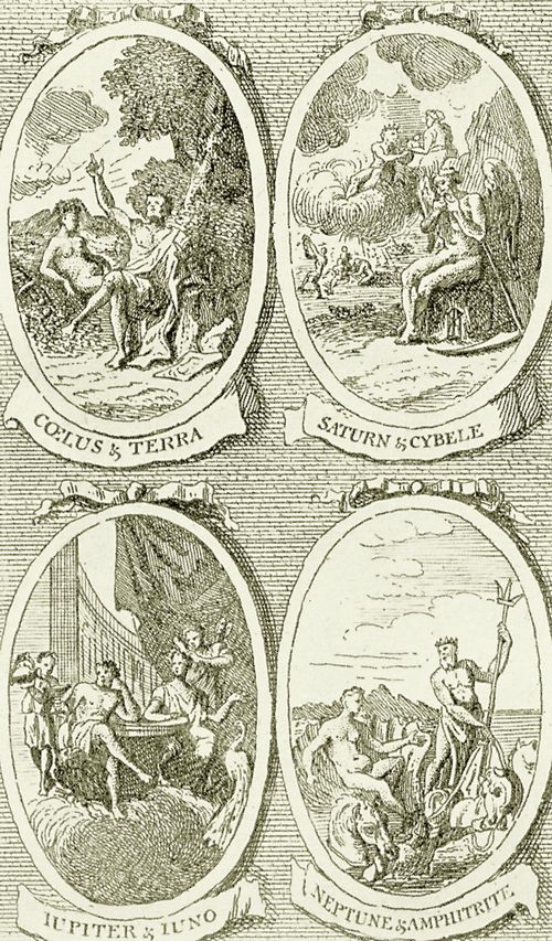 Hogarth, William: Illustration zu Dr. William Kings »Pantheon«, Clus und Terra, Saturn und Cybele, Jupiter und Juno, Neptun und Amphitrite