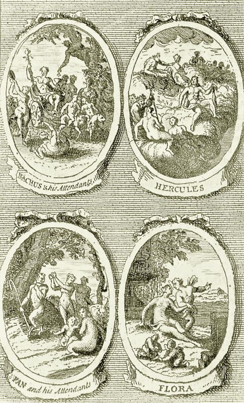 Hogarth, William: Illustration zu Dr. William Kings »Pantheon«, Bacchus und sein Gefolge, Herkules, Pan und sein Gefolge, Flora