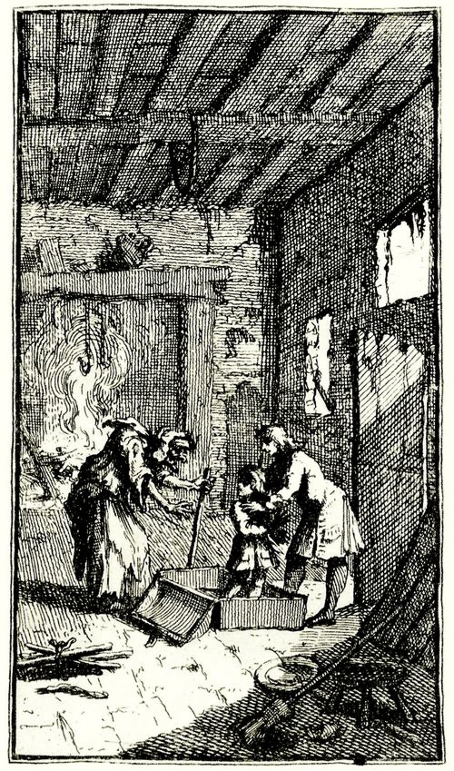 Hogarth, William: Illustration zu Charles Gildons »Neue Metamorphosen«, Die Hexe Invidiosa befreit Fantasio aus einer Truhe