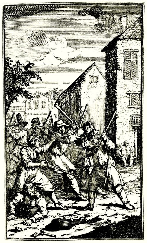 Hogarth, William: Kleine Illustration zu Samuel Butlers »Hudibras«, Hudibras wird von Trulla berwltigt