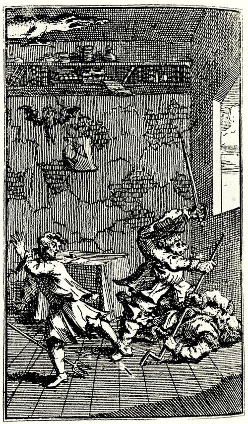 Hogarth, William: Kleine Illustration zu Samuel Butlers »Hudibras«, Hudibras kmpft mit Sidrophel und Whachum