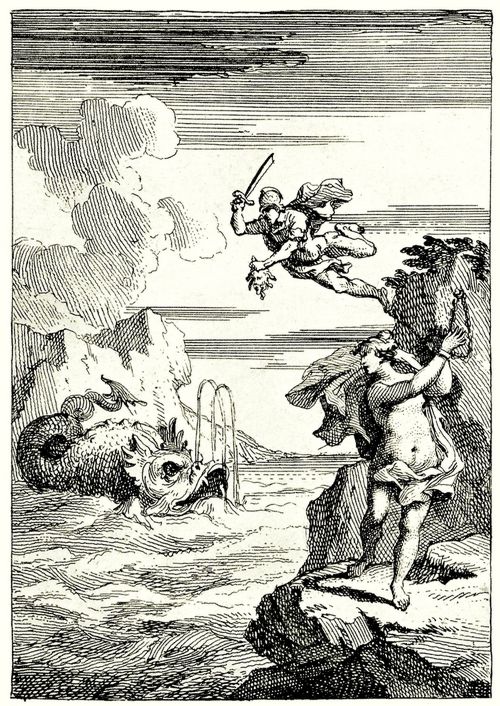 Hogarth, William: Illustration zum Gedicht »Perseus und Andromeda« von Lewis Theobald, Perseus rettet Andromeda