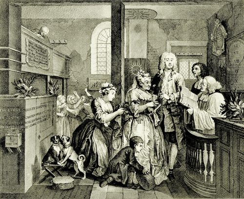 Hogarth, William: Folge »Das Leben eines Wstlings«, Fnftes Blatt: Hochzeit mit einer alten Jungfer, erste Fassung