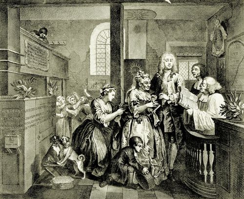 Hogarth, William: Folge »Das Leben eines Wstlings«, Fnftes Blatt: Hochzeit mit einer alten Jungfer, zweite Fassung