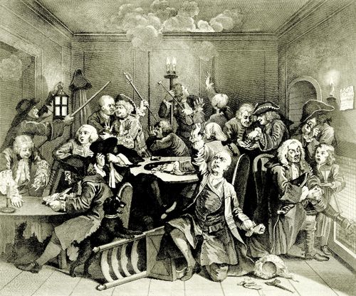 Hogarth, William: Folge »Das Leben eines Wstlings«, Sechstes Blatt: Szene in einem Spielkasino, erste Fassung