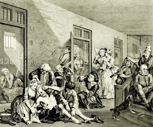 Hogarth, William: Folge »Das Leben eines Wstlings«, Achtes Blatt: Szene in einem Irrenhaus, zweite Fassung