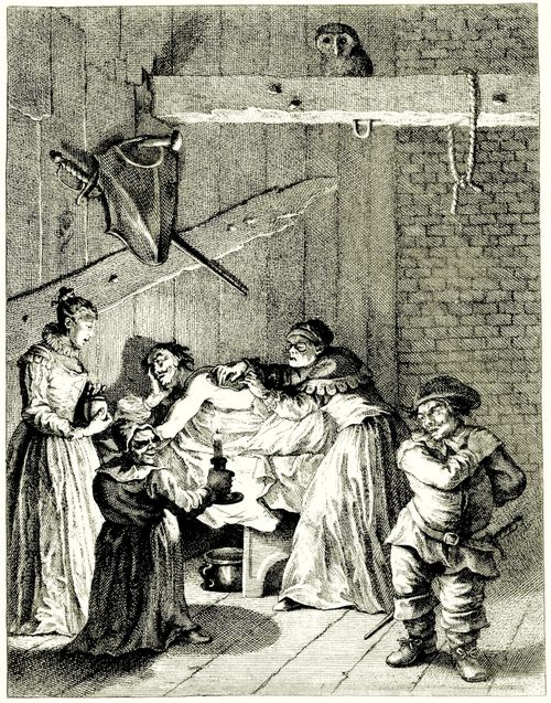 Hogarth, William: Illustration zu Cervantes »Don Quichote«, Don Quichote wird von dem Weib des Schenkenwirtes und dessen Tochter gepflegt
