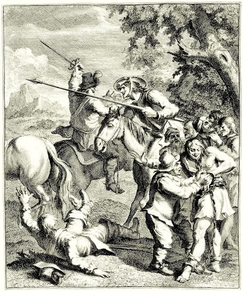 Hogarth, William: Illustration zu Cervantes »Don Quichote«, Don Quichote befreit die Galeerenstrflinge