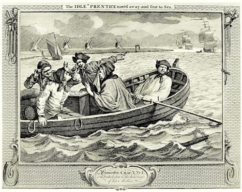 Hogarth, William: Folge »Flei und Faulheit«, Fnftes Blatt: Der Faule, weggejagt und auf die See geschickt