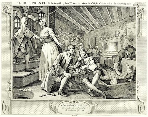 Hogarth, William: Folge »Flei und Faulheit«, Neuntes Blatt: Der Faule, von seiner Hure betrogen, sitzt mit seinem Kumpan in einem Nachtlokal