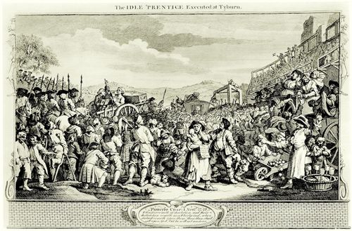 Hogarth, William: Folge »Flei und Faulheit«, Elftes Blatt: Der Faule wird zu Tyburn hingerichtet