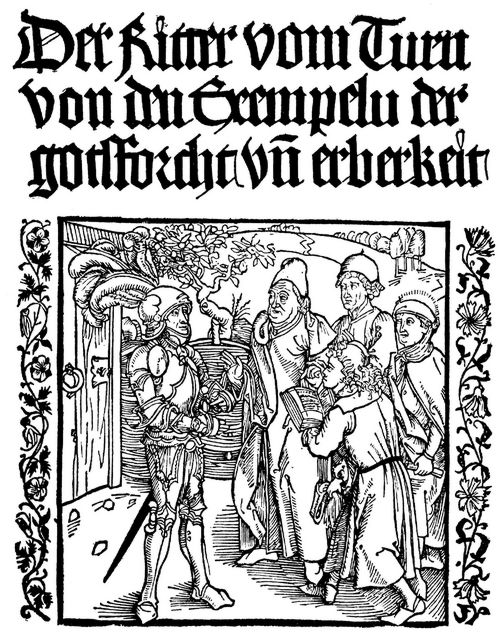 Drer, Albrecht: Illustration zum »Der Ritter vom Turn«, Frontispiz: Der Ritter befiehlt zwei Schreibern und zwei Priestern, sein Buch der Exempel aufzuschreiben