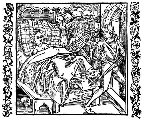 Drer, Albrecht: Illustration zum »Der Ritter vom Turn«, Szene: Die Tochter des Kaisers von Konstantinopel wird durch die Toten, die ihr Bett umstehen, vor den Zudringlichkeiten eines Ritters beschtzt