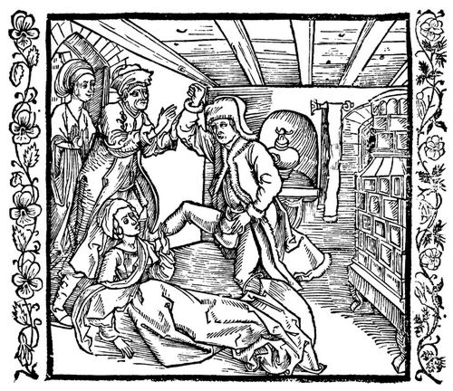 Drer, Albrecht: Illustration zum »Der Ritter vom Turn«, Szene: Ein Mann tritt seine vorlaute Frau mit Fen