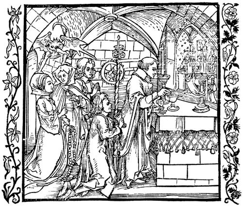 Drer, Albrecht: Illustration zum »Der Ritter vom Turn«, Szene: Mnner und Frauen, die whrend der Messe schwtzen, werden vom bsen Geist befallen