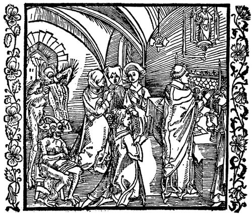 Drer, Albrecht: Illustration zum »Der Ritter vom Turn«, Szene: Der Teufel schreibt das Geschwtz der Leute whrend der Messe auf ein Pergament