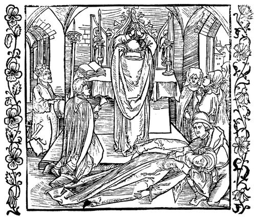 Drer, Albrecht: Illustration zum »Der Ritter vom Turn«, Szene: Eine leichtfertige Frau wird whrend der Messe ohnmchtig und fllt ihrem Liebhaber in die Arme
