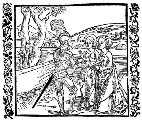 Drer, Albrecht: Illustration zum »Der Ritter vom Turn«, Szene: Der Ritter vom Turn berreicht seinen Tchtern das Buch