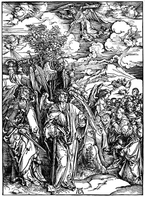 Drer, Albrecht: Illustration zur »Apokalypse«, Szene: Die vier Windengel und die Versiegelung der Auserwhlten