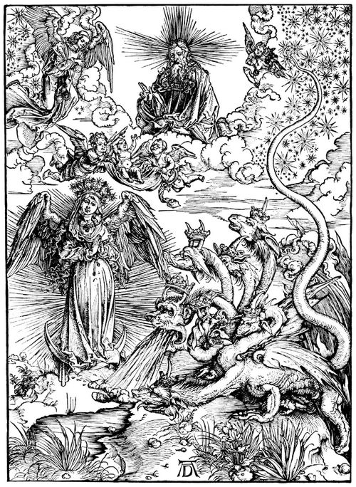 Drer, Albrecht: Illustration zur »Apokalypse«, Szene: Das Sonnenweib und der siebenkpfige Drache