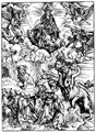 Dürer, Albrecht: Illustration zur »Apokalypse«, Szene: Der siebenköpfige Drache und das Tier mit den Lammshörnern