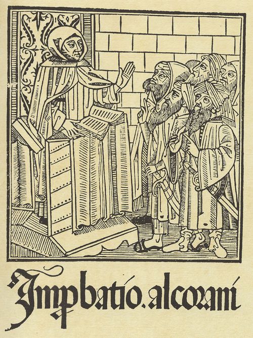 Holzschneider aus Sevilla um 1500: Illustration zu Ricoldus' »Improbatio Alcorani«, Frontispiz: Mönch bei der Unterweisung von Mohammedanern