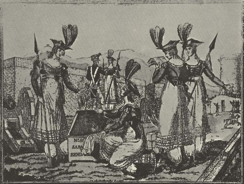 Spanischer Radierer um 1810: Weibliche Miliz in Barcelona