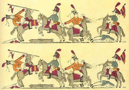 Spanischer Holzschneider des frhen 19. Jahrhunderts: Kampf der berittenen Husaren im Unabhngigkeitskrieg