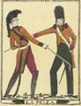 Spanischer Holzschneider um 1824: Der Zweikampf. Spanischer Grenadier gegen französischen Dragoner