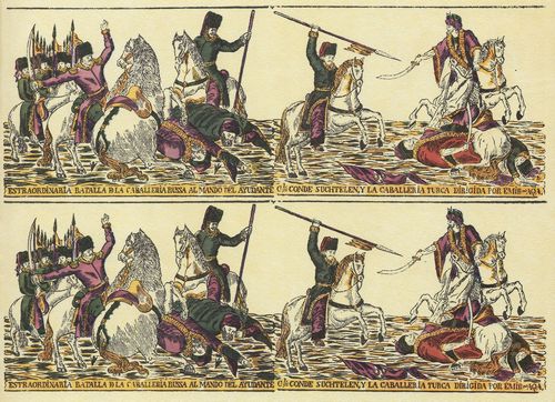 Spanischer Holzschneider um 1828: Gefecht zwischen russischer und trkischer Kavallerie
