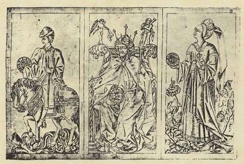 Kupferstecher aus Valencia des 15. Jahrhunderts: Blatt mit drei Spielkarten