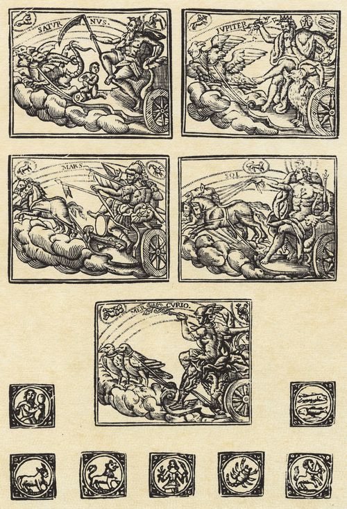 Holzschneider des 17. Jahrhunderts aus Gerona: Die Sternzeichen und die Götter auf ihren himmlischen Wagen