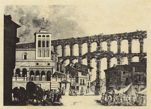 Spanischer Kupferstecher des 18. Jahrhunderts: Markt unter dem Aqudukt von Segovia