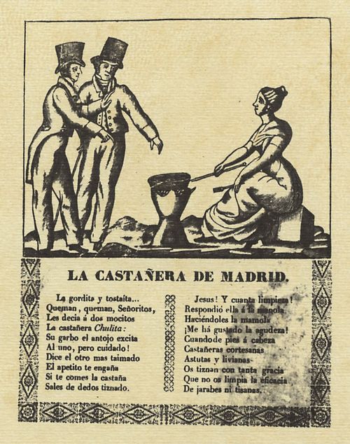 Spanischer Holzschneider des 19. Jahrhunderts: Die Kastanienverkuferin von Madrid