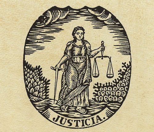 Holzschneider aus der Druckerrei Estivill aus Barcelona: Justizia (Allegorie der Gerechtigkeit)