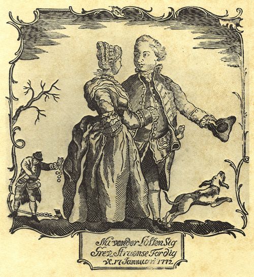 Holzschneider aus Kopenhagen um 1772: Das Glück nun wendet sich, Graf Struensee, für dich!