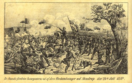 Kopenhagener Holzschneider um 1850: Die Dänen vertreiben die Aufständischen bei Stendrup