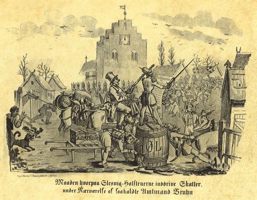 Kopenhagener Lithograph um 1848: Wie die Schleswig-Holsteiner die Steuer eintreiben