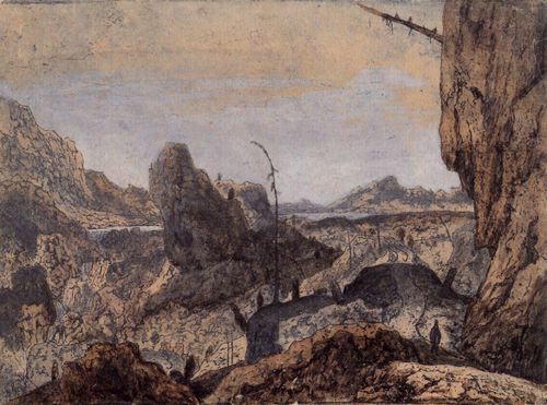 Seghers, Hercules Pietersz.: Landschaft mit Bergen und Schluchten und einem Wanderer zur Rechten